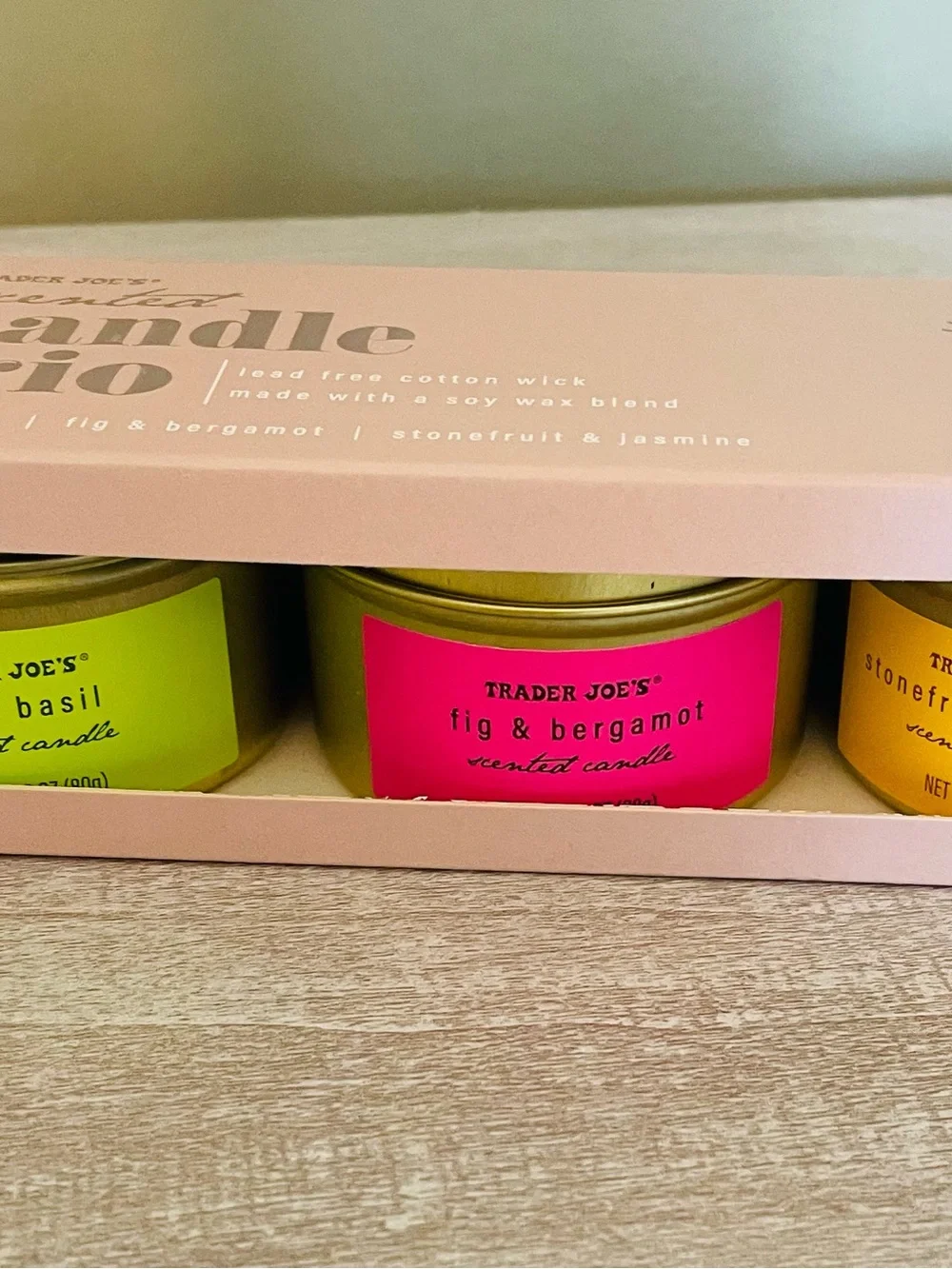 Trader Joe's Scented Candle tin Trio Lime Basil Fig Bergamot Stonefruit Jasmine
